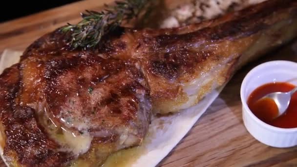 Steak Tomahawk Roast Wooden Board Sauce Salt — Stock Video