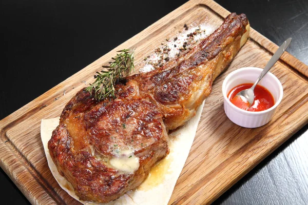Steak Tomahawk Roast Wooden Board Sauce Salt — Stock Photo, Image