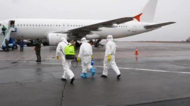 VINNYTSIA, UKRAINE - MARCH 5, 2020: Coronavirus pandemic. Prevention of coronavirus at the airport. Hasidim are leaving Ukraine. Air flight with Hasidim from Tel Aviv - editorial footage