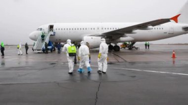VINNYTSIA, UKRAINE - MARCH 5, 2020: Coronavirus pandemic. Prevention of coronavirus at the airport. Hasidim are leaving Ukraine. Air flight with Hasidim from Tel Aviv - editorial footage