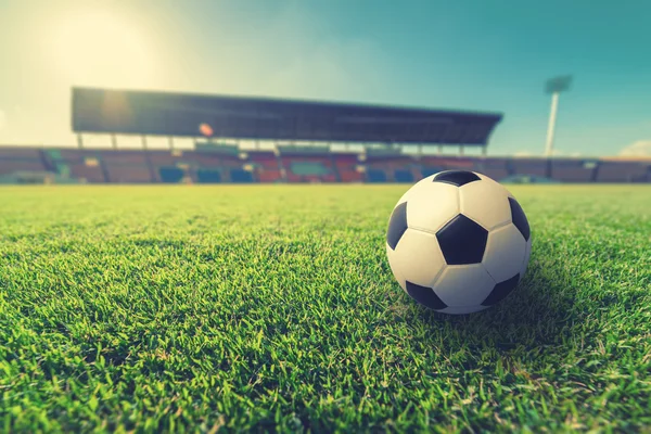 Soccer ball on Green grass in soccer stadium — Stock Photo, Image