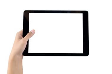 Tablet boş ekran tutan el. Kadın el izole tablet kullanma