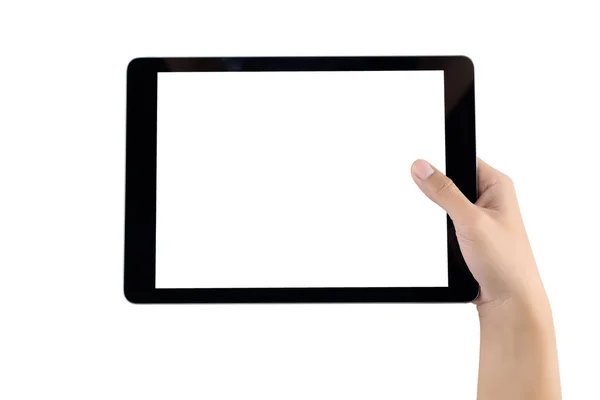 Kezében tabletta üres képernyő. Nő kezét használva a tábla isolat — Stock Fotó