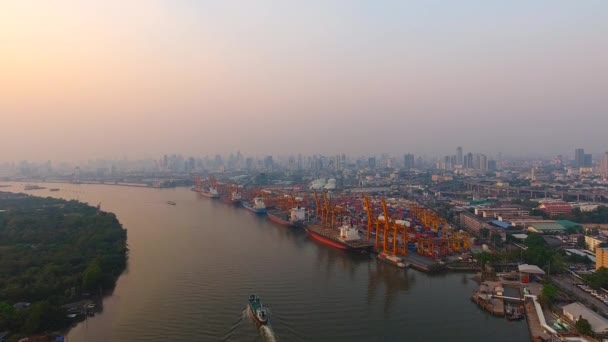 Aerial view of container ships and lifting cranes in the Port of Bangkok. — Stock Video