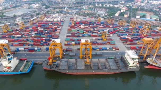 Aerial view of container ships and lifting cranes in the Port of Bangkok. — Stock Video