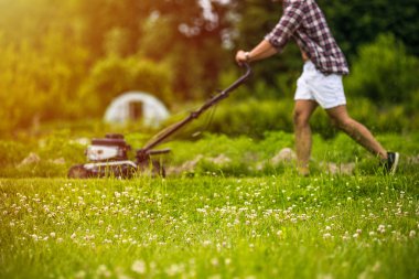 Genç adam çim biçiyor.