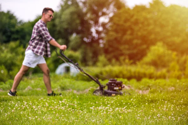 Молодой человек стрижет газон — стоковое фото