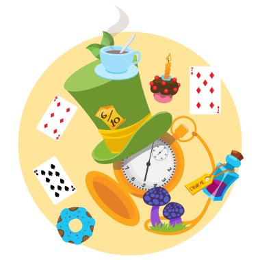 Illustration to the fairy tale Alice's Adventures in Wonderland. Green hat, playing cards, pocket watch, the elixir, mushrooms. clipart