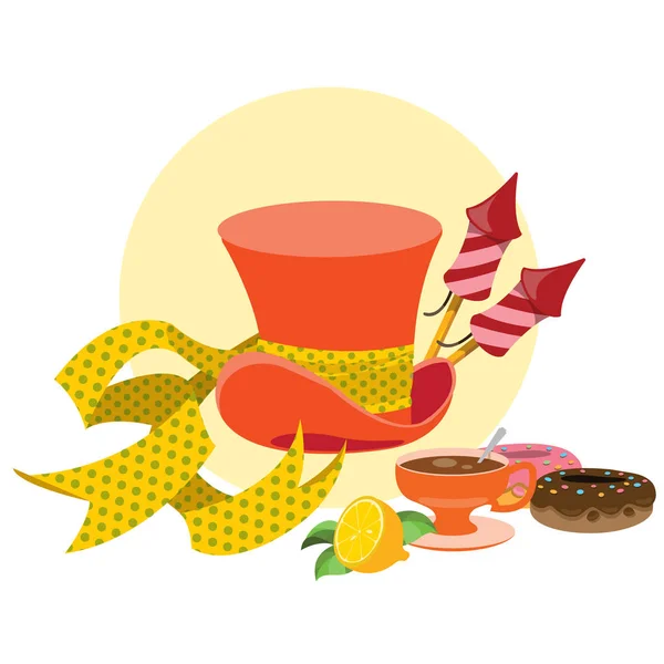Иллюстрация к сказке "Приключения Алисы в стране чудес". Свитки и пирожные. Оранжевая шляпа с желтой лентой и угощением. Шаблон фона с пробелами для текста . — стоковый вектор
