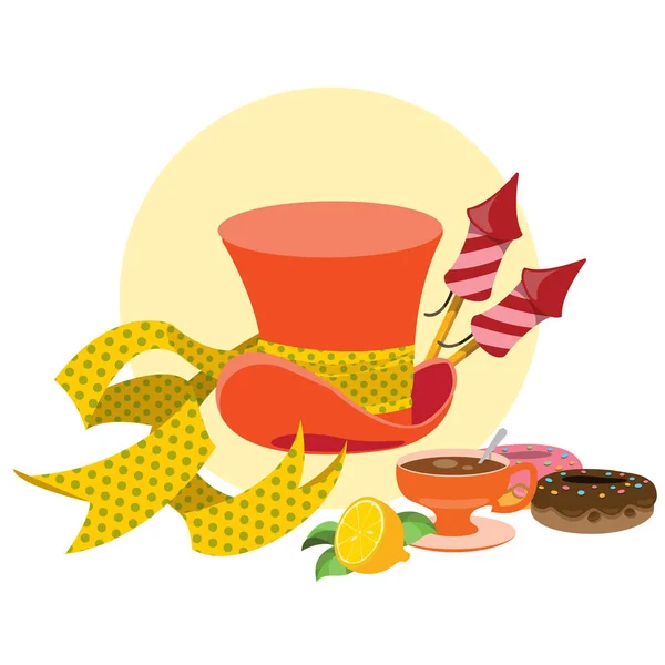 Ilustración del cuento de hadas Las aventuras de Alicia en el País de las Maravillas. Dulces y pasteles. Sombrero naranja con una cinta amarilla y una golosina. Fondo de plantilla con espacio para texto . — Vector de stock