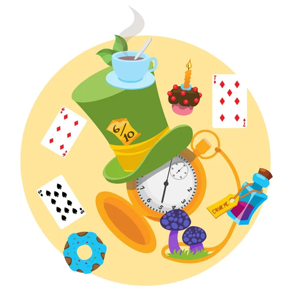 Illustrazione alla fiaba Alice avventure nel paese delle meraviglie. Cappello verde, carte da gioco, orologio da tasca, elisir, funghi . — Vettoriale Stock