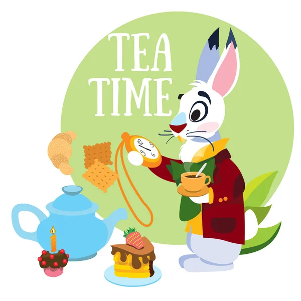 White Rabbit haast om de mad tea-party. Illustratie bij het sprookje Alice's Adventures in Wonderland. Sjabloon met plaats voor tekst. — Stockvector