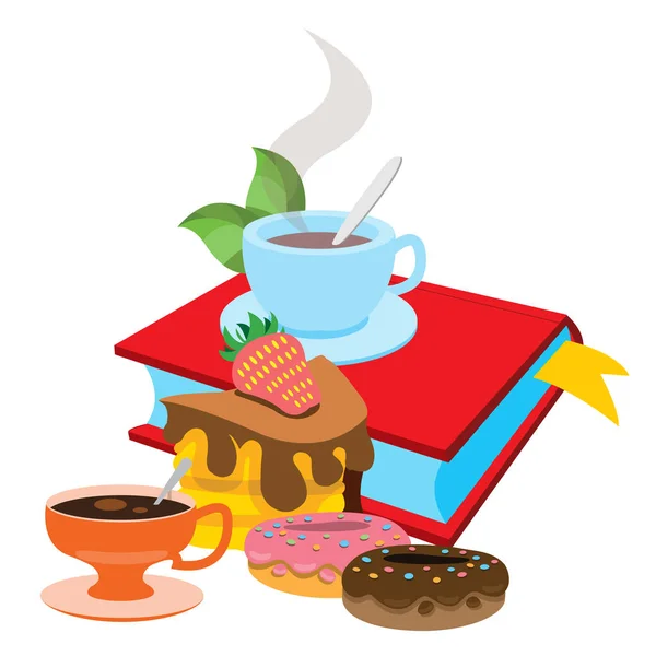 Kniha, šálek čaje, koblihy. Barevné ilustrace pro design kavárny, restaurace, pekárny a kavárny. — Stockový vektor