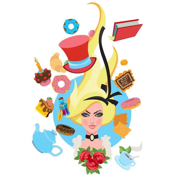 Alice omringd door prachtige items. Illustratie bij het sprookje Alice's Adventures in Wonderland. — Stockvector