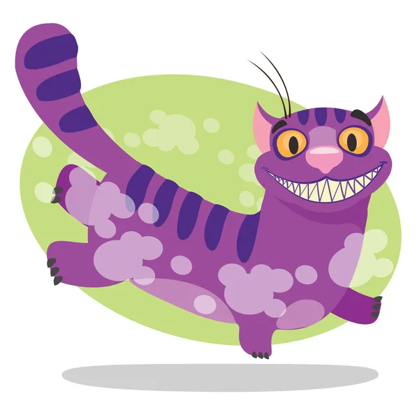 Gato de Cheshire. Ilustración del cuento de hadas Las aventuras de Alicia en el País de las Maravillas. Púrpura gato con una gran sonrisa corre . — Vector de stock