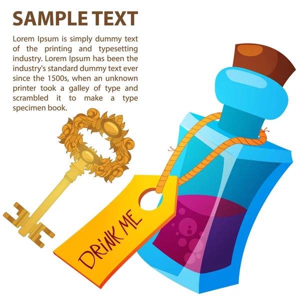 Kouzelný elixír a Zlatý klíč ve skleněné láhvi. Ilustrace pohádky Alenka v říši divů. Šablona s místem pro text. — Stockový vektor