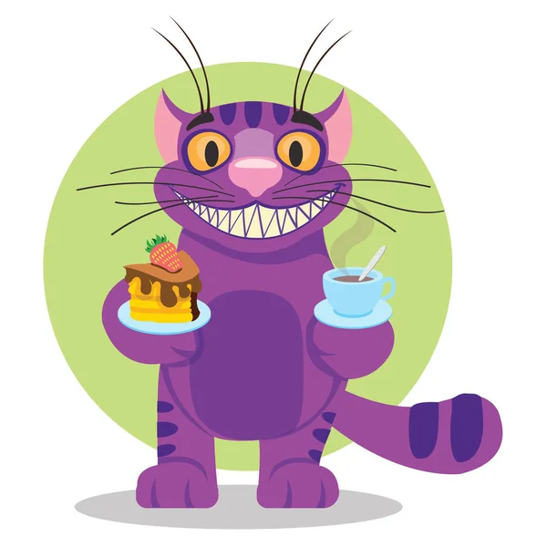 Gato de Cheshire. Ilustração do conto de fadas Alice 's Adventures in Wonderland. Gato roxo com um grande sorriso oferece uma xícara de chá e bolo . — Vetor de Stock