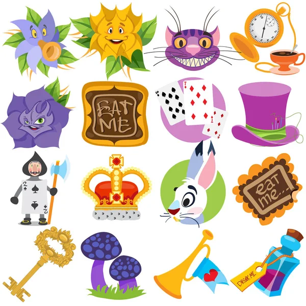 Peri masalı Alice's Adventures in Wonderland Tema çizimleri kümesi. Karakterler ve nesneler.