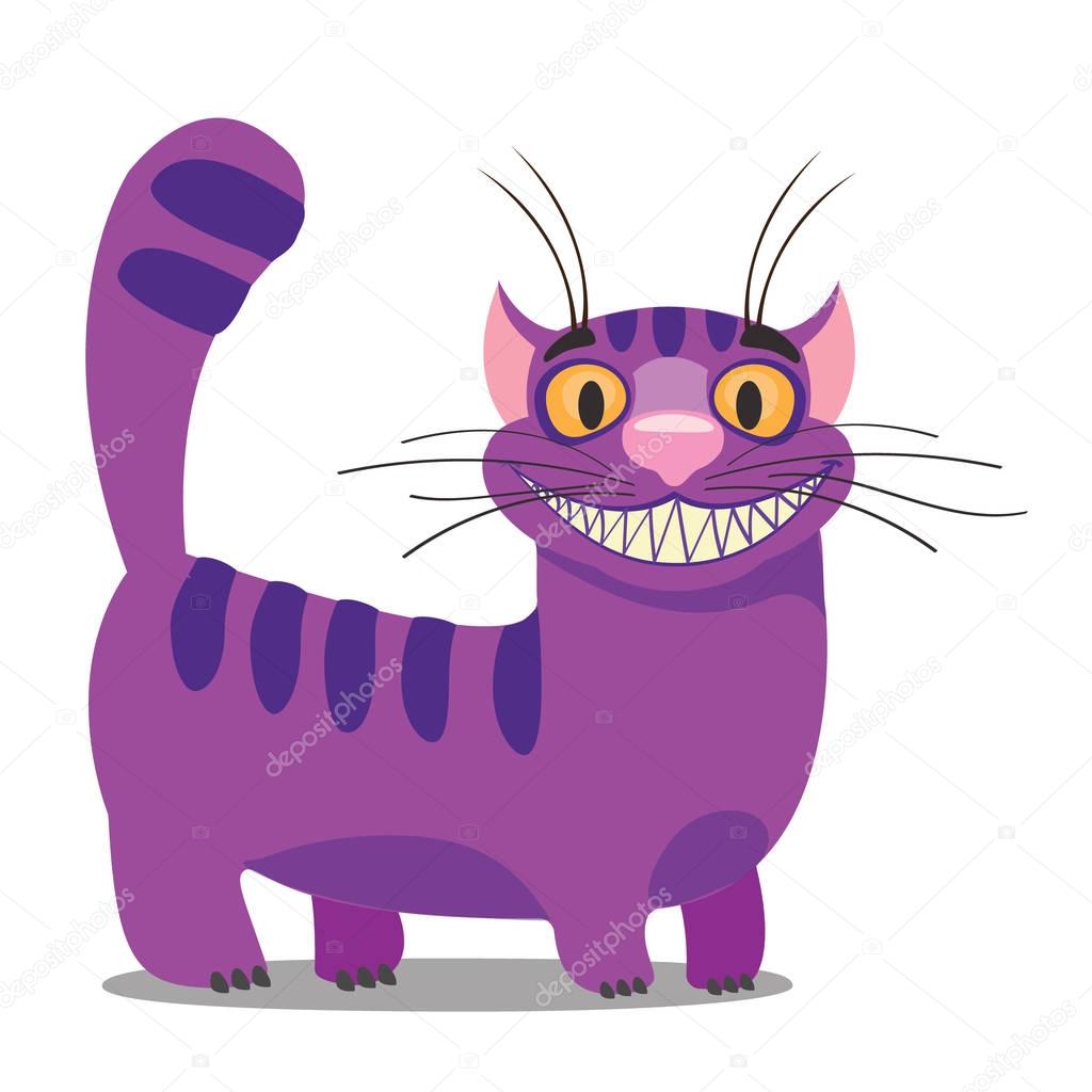 Cheshire Cat. Illustration to the fairy tale Alice's Adventures in Wonderland. Purple cat with a big smile standing.