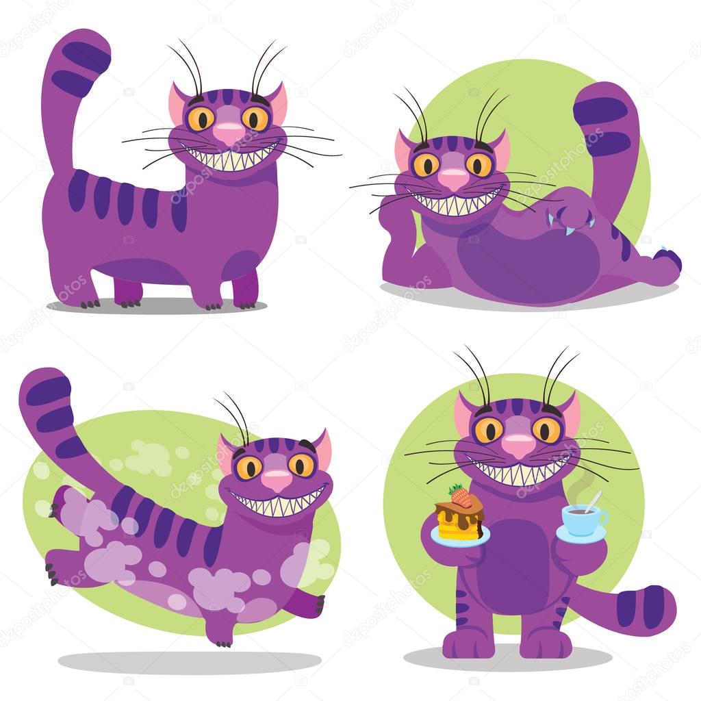 Cheshire Cat. Illustration to the fairy tale Alice's Adventures in Wonderland. Purple cat with a big smile.