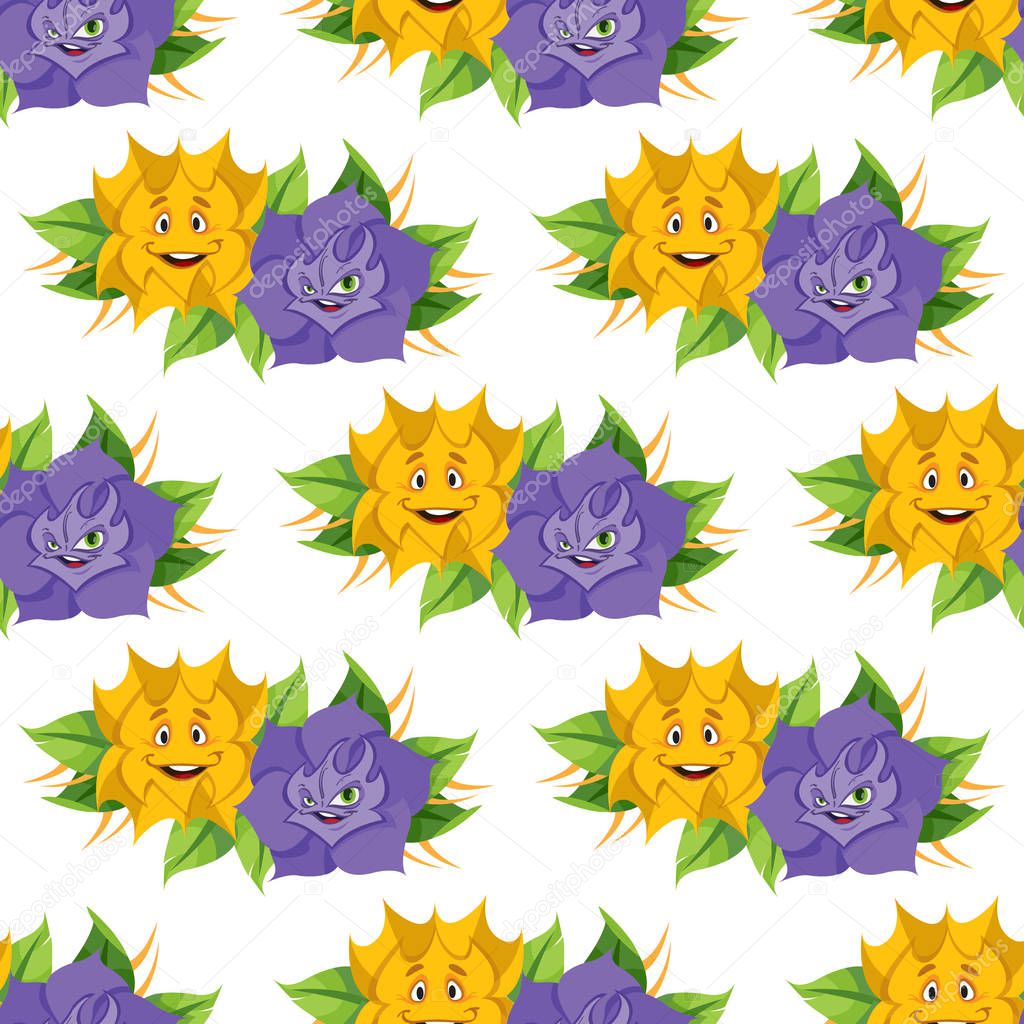 Fabulous flower from the fairy tale Alice's Adventures in Wonderland. Seamless pattern of yellow and lilac roses.