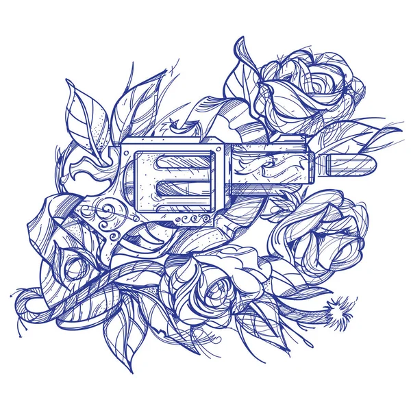 Татуировка с пистолетом и розами в стиле ручной работы. Изображение для окраски . — стоковый вектор