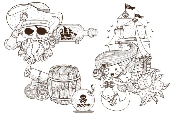 Diseño pirata. The Little Mermaid y The Jolly Roger establecieron ilustraciones para colorear. Monstruo marino y trofeos piratas . — Vector de stock