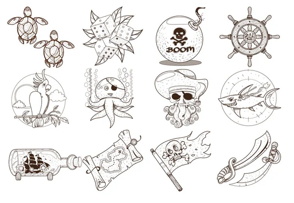 Establecer ilustraciones de esquema para colorear sobre el tema de los piratas y los habitantes marinos. Dibujos animados animales lindos y objetos. Apuestas atributos . — Archivo Imágenes Vectoriales
