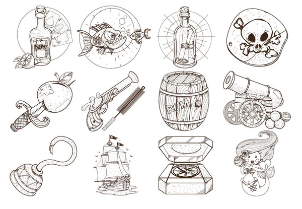 Definir ilustrações esboço para colorir sobre o tema dos piratas. Atributos e coisas diferentes ladrões de mar. Clipart de aventura . —  Vetores de Stock