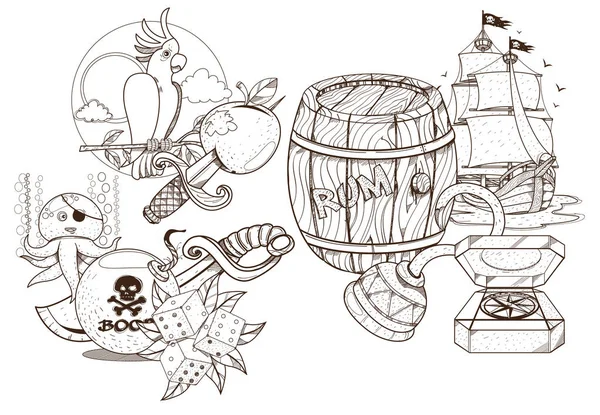 Conjunto de ilustraciones en blanco y negro para colorear el contorno de artículos pirateados . — Vector de stock