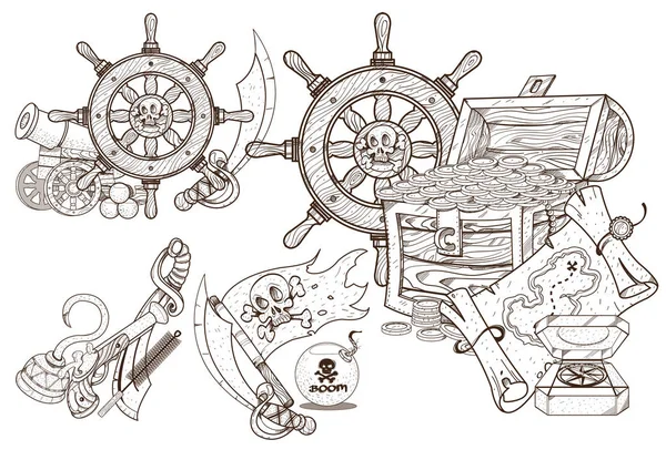 Средневековые приключения. Сокровища и атрибуты моря. Набор черно-белых иллюстраций для раскраски очертаний пиратских предметов . — стоковый вектор