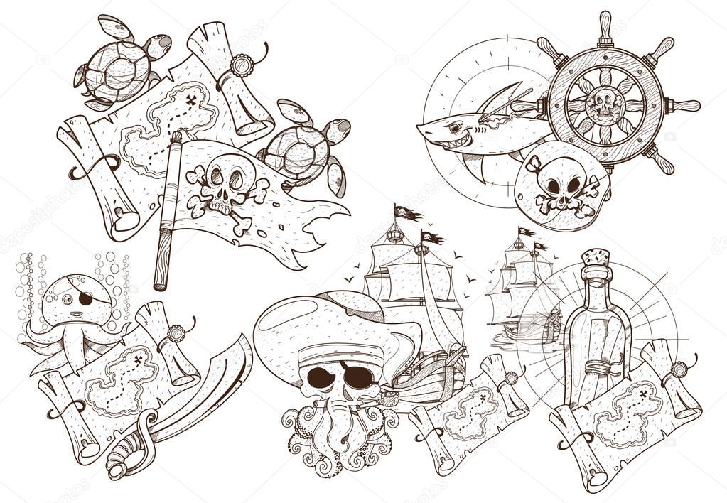 Set of black and white illustrations for coloring outline of pirated items.