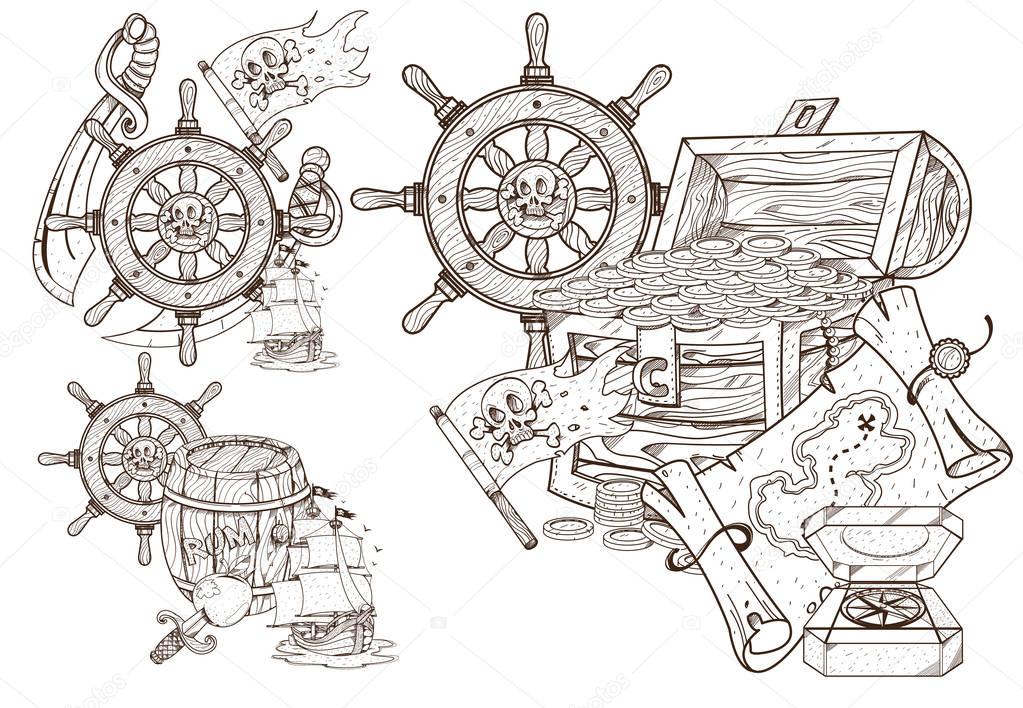 Medieval adventure. Treasures of the and sea attributes. Set of black and white illustrations for coloring outline of pirated items.