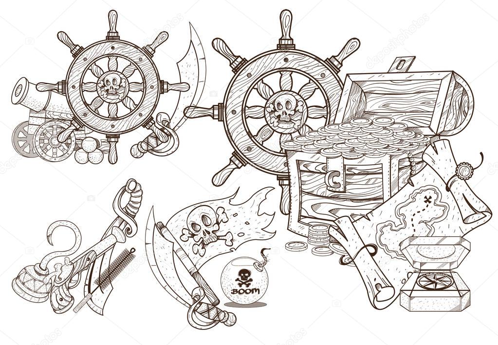 Medieval adventure. Treasures of the and sea attributes. Set of black and white illustrations for coloring outline of pirated items.