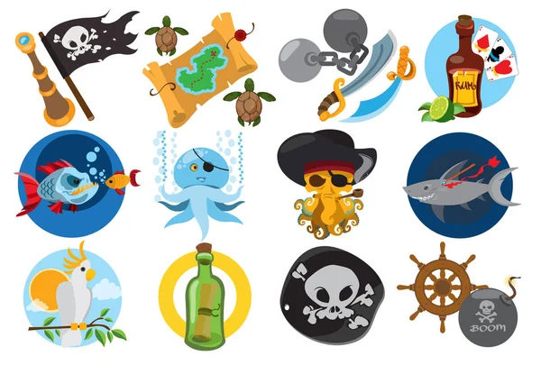Definir ilustrações sobre o tema dos piratas e habitantes marinhos. Personagens de desenhos animados e objetos de conto de fadas. Malandros e troféus . — Vetor de Stock