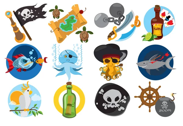 Establecer ilustraciones sobre el tema de los piratas y los habitantes marinos. Personajes y objetos de dibujos animados de cuento de hadas. Renegados y trofeos . — Vector de stock