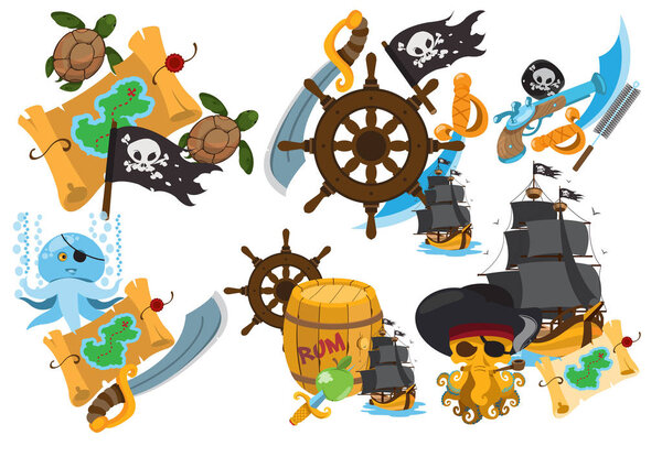 Set illustrations on the theme of pirates and marine inhabitants. Fairy-tale cartoon characters and objects. Rogues and trophies.