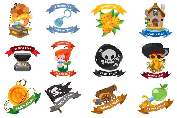 Establecer en un tema pirata iconos. Logotipos con una pancarta para el texto con una imagen de la vida marina y los bienes piratas. Pegatinas para fiestas temáticas de diseño y productos para niños . — Vector de stock