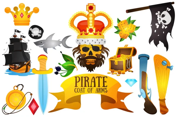 Set illustrations with pirate attributes. Various items Medieval Pirates. Drawing on themes Ganster to design T-shirts, playing cards, theme parties. — Stock Vector