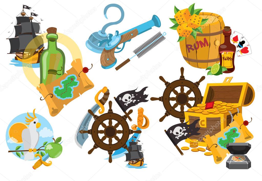 Set illustrations on the theme of pirates. Fairy-tale cartoon characters and objects. Rogues and trophies.