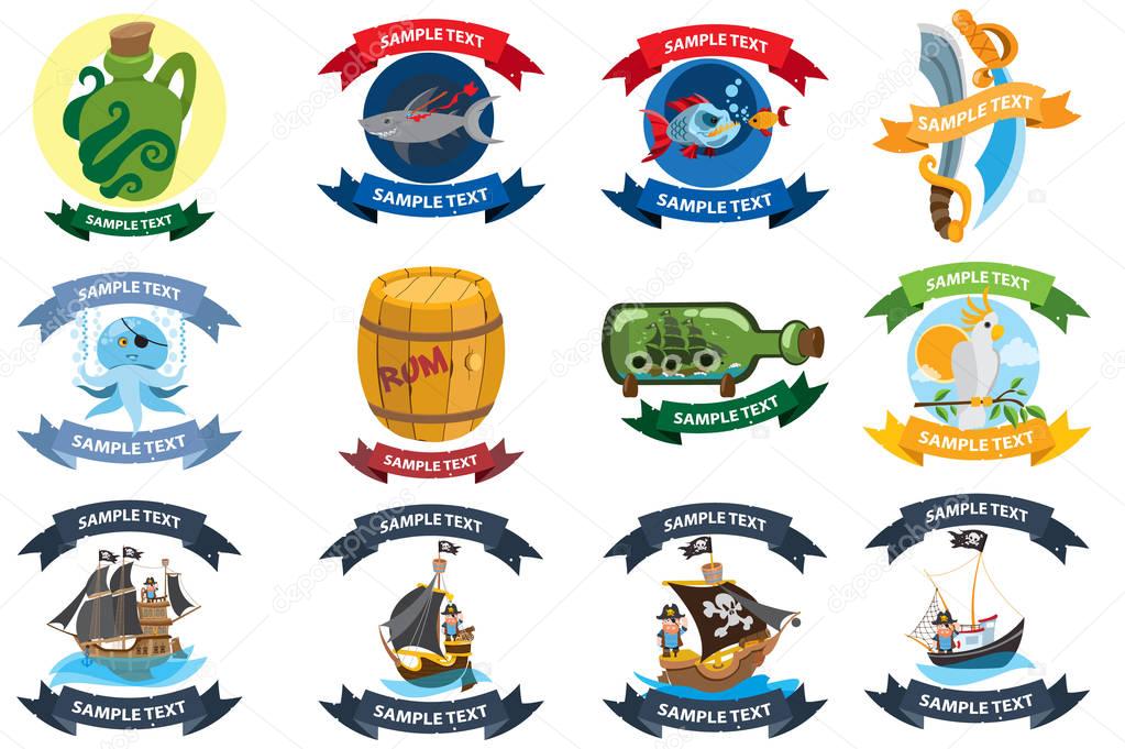 Set on a pirate theme icons. Logos with a banner for text with a picture of marine life and pirate goods. Stickers for design theme parties and children's products.