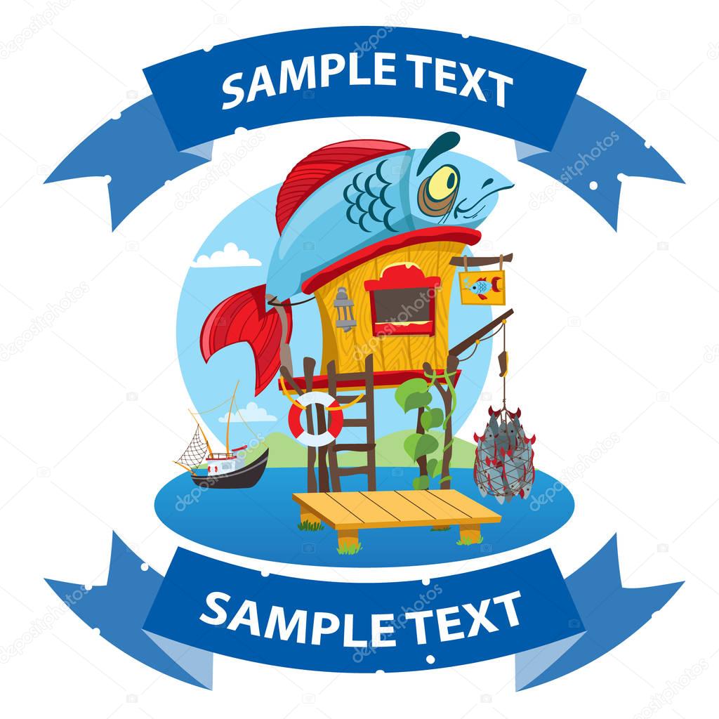House fisherman. Cartoon illustration of a wooden hut on stilts near the river. Design with ribbon banner.