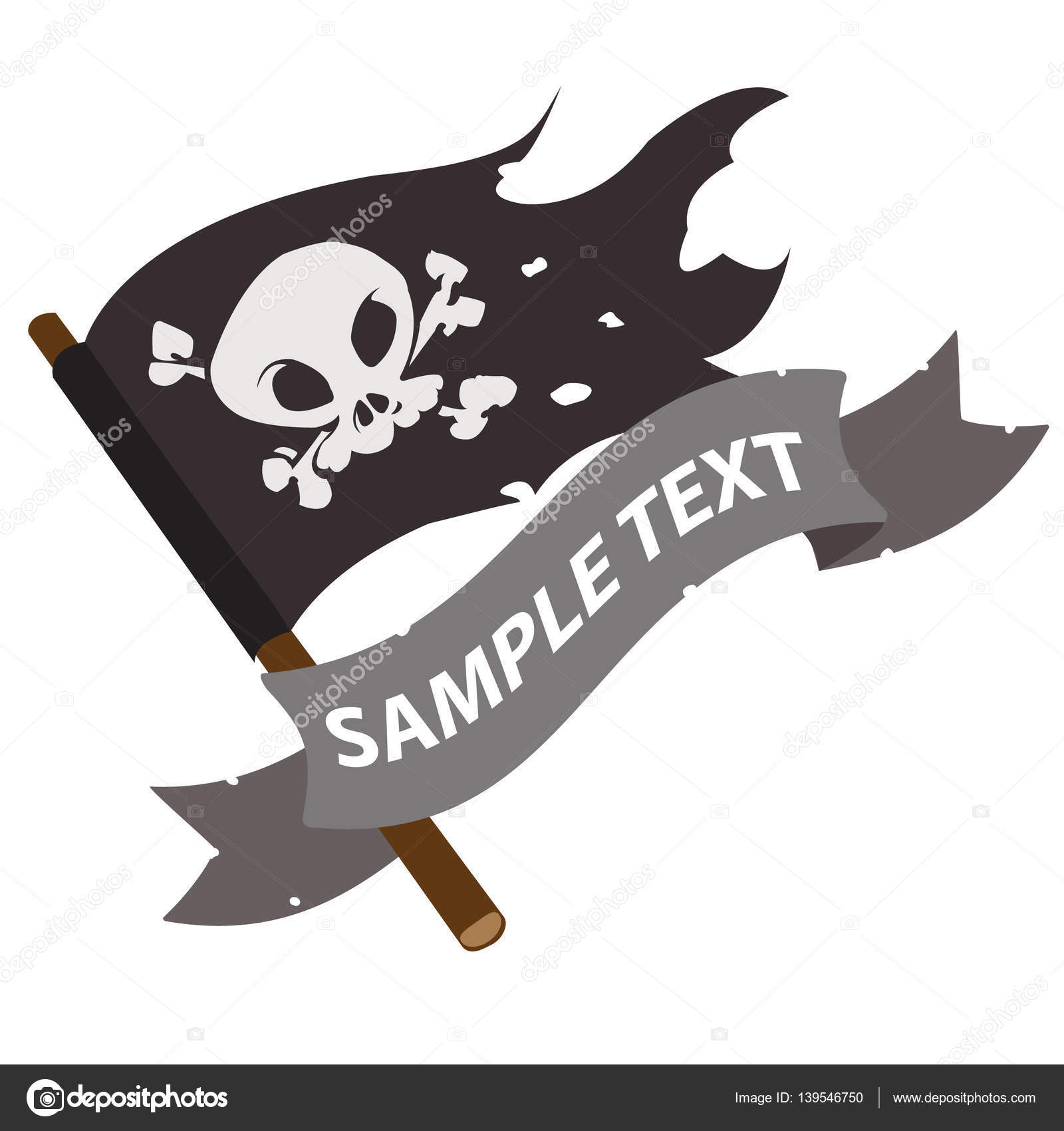 Black Jolly Roger pirate flag with ribbon banner. Stock Vector by