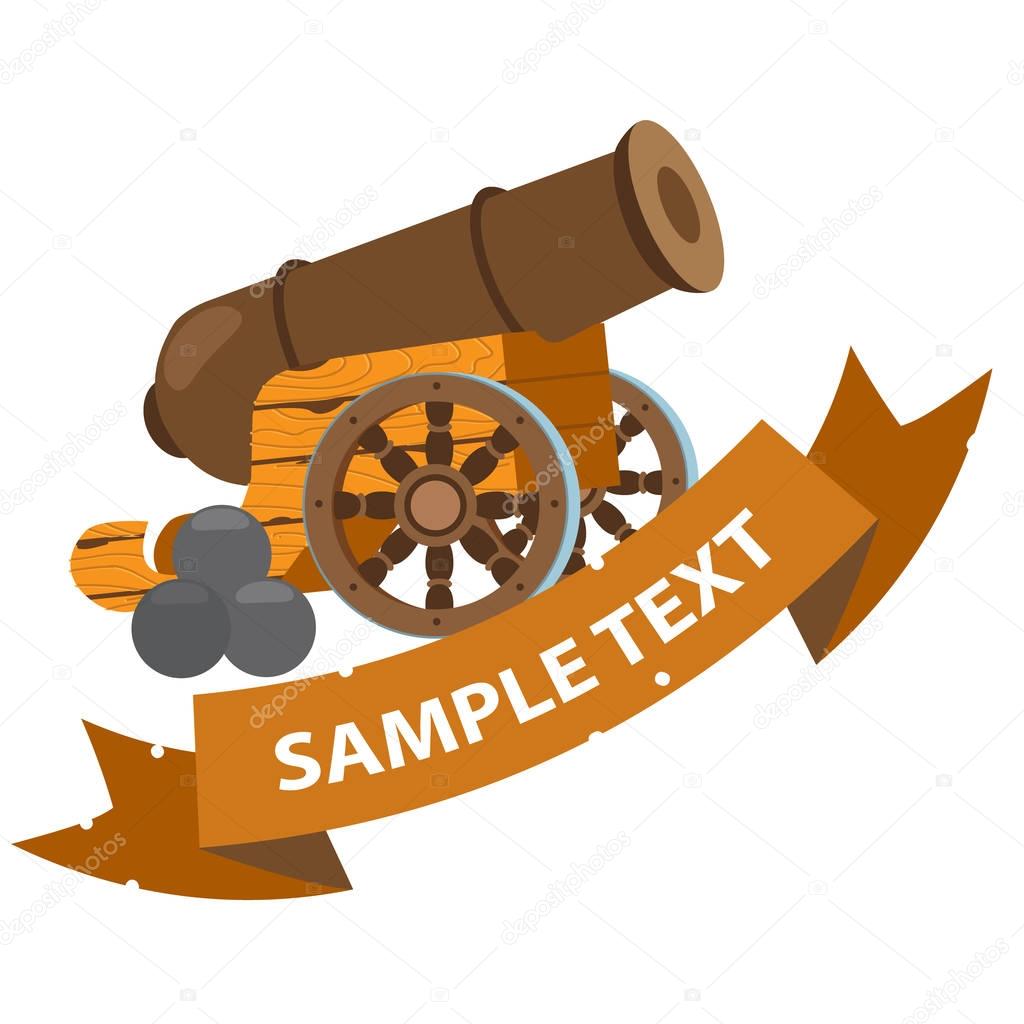 Cannon with nuclei with ribbon banner. Weapons of the Middle Ages. Pirate theme.