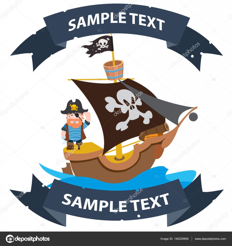 Ship with black sails. Pirate frigate with ribbon banner. Pictures