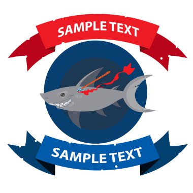 Yaralı köpekbalığı ile şerit bayrak. Clipart deniz konulu. Hayvanları Koruma.