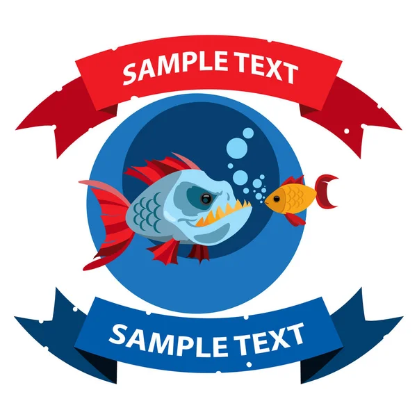 Piraña y peces de colores con bandera de cinta. Clipart sobre el tema marino. Protección de animales . — Vector de stock