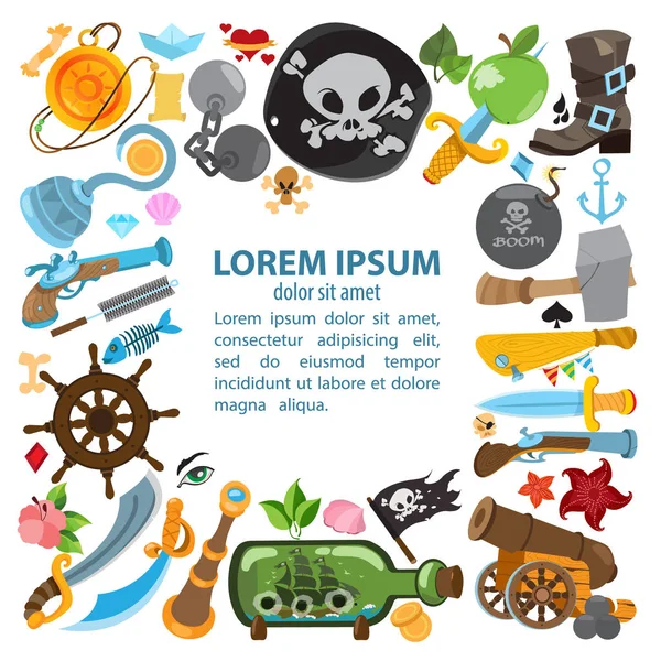 El marco cuadrado sobre el tema pirata. Personajes divertidos en estilo de dibujos animados para el diseño de juegos infantiles y una variedad de productos . — Vector de stock