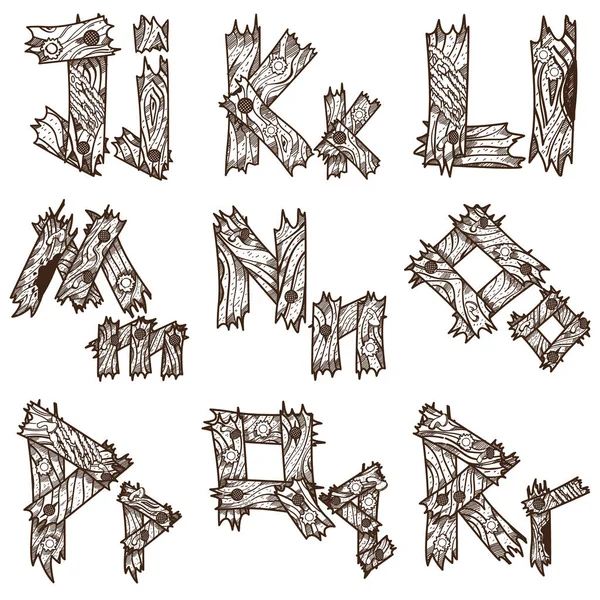 Englisches Alphabet aus Holzstücken. das ursprüngliche Schriftdesign der Sperrholzteile. englische Buchstaben zum Ausmalen. — Stockvektor