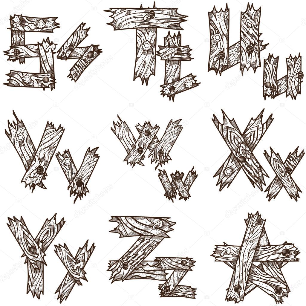 English alphabet from pieces of wood. The original font design of the pieces of plywood. English letters for coloring.